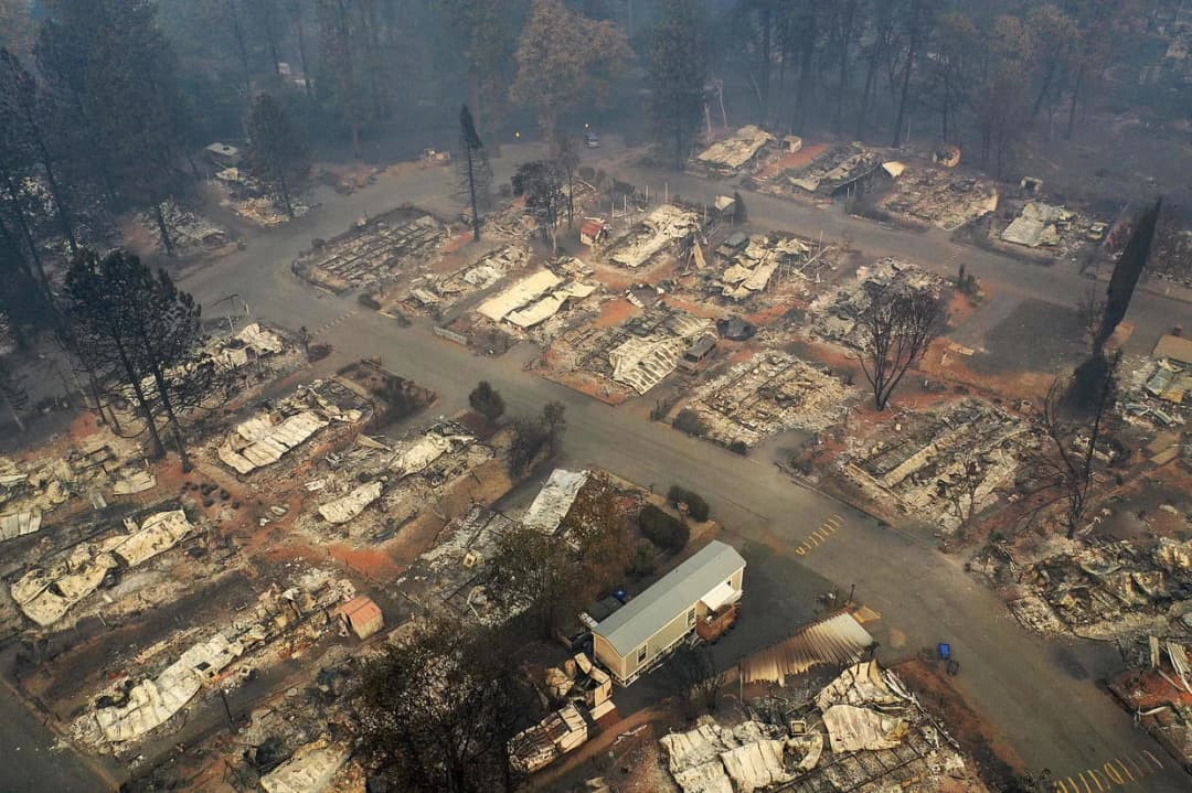 Burned buildings.